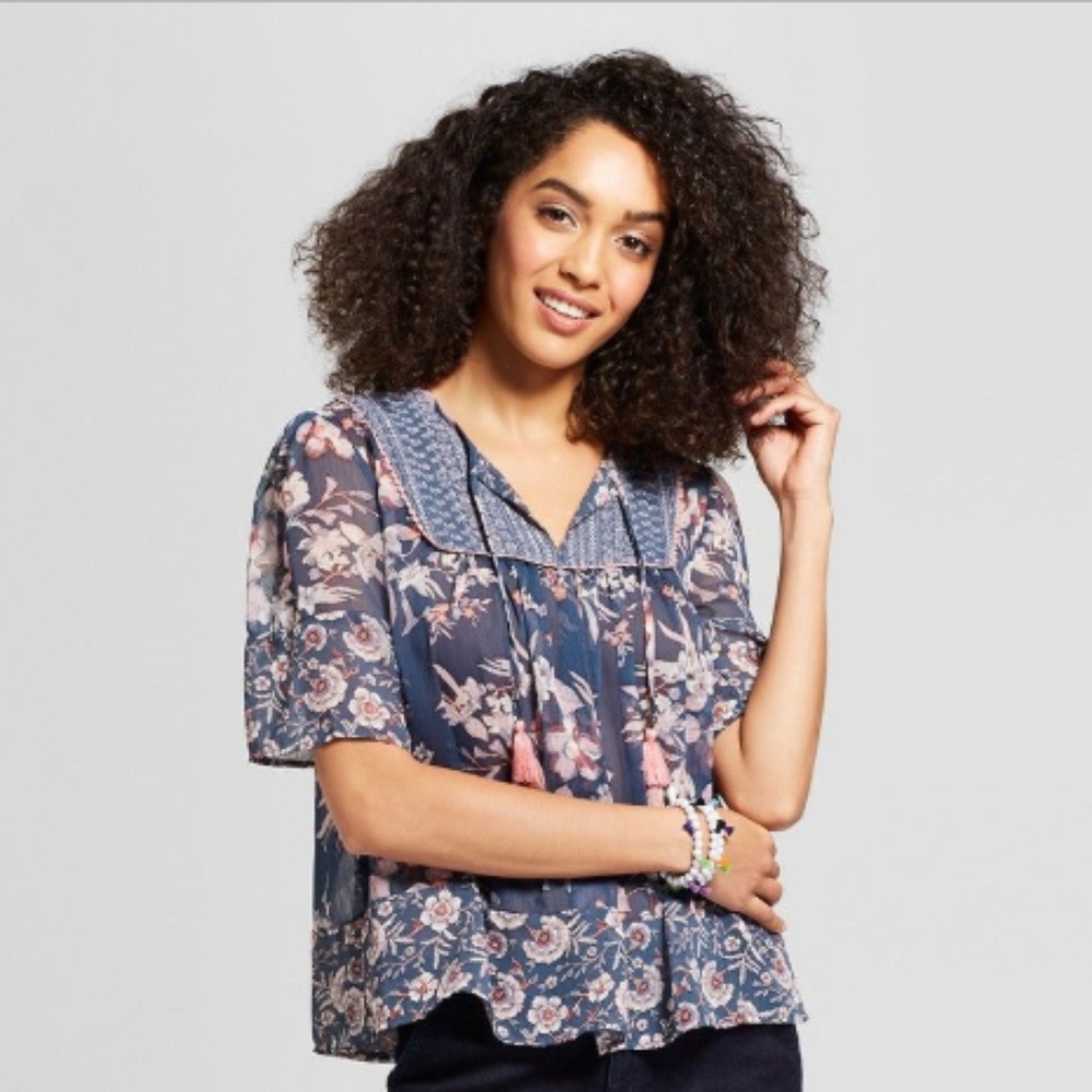 {Knox Rose} Short Sleeve Sheer Floral Boho Top EUC